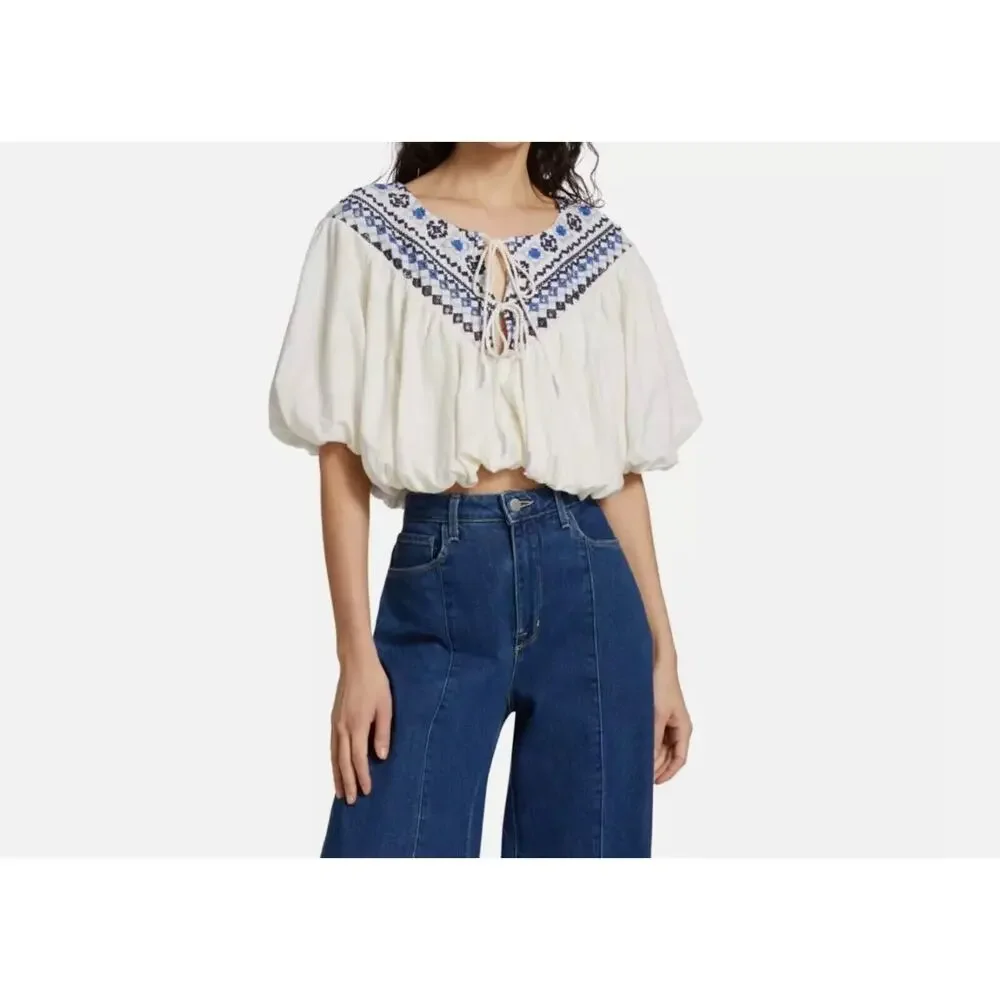 FREE PEOPLE Joni Top L Boho Embroidered Shirred Puff Sleeve Cropped White Blue